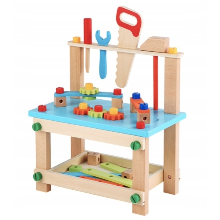 Set de scule, Banc de lucru din lemn, 30, 5 x 29, 5 x 16, 5 cm, surubelnita, cheie, ferastrau, 18 suruburi, 10 capace, 2 cuie, 6 placi de conectare, 4 angrenaje, Durabil