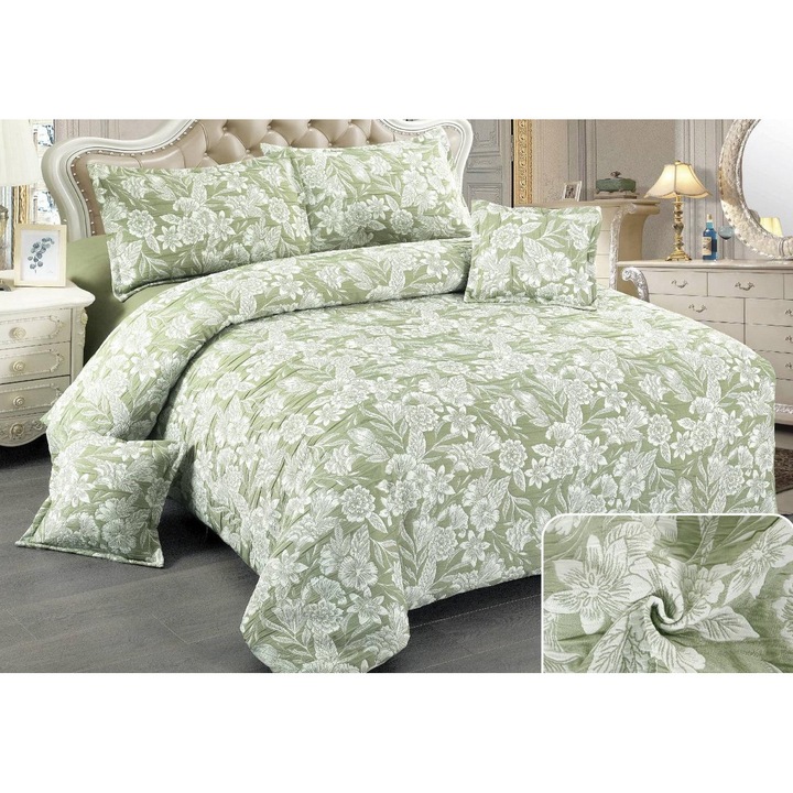 Lenjerie Pat Dublu, Bumbac Creponat Satinat, 6 Piese, Abstract Bicolor, Verde Ou de Rata-Alb, 230x250cm