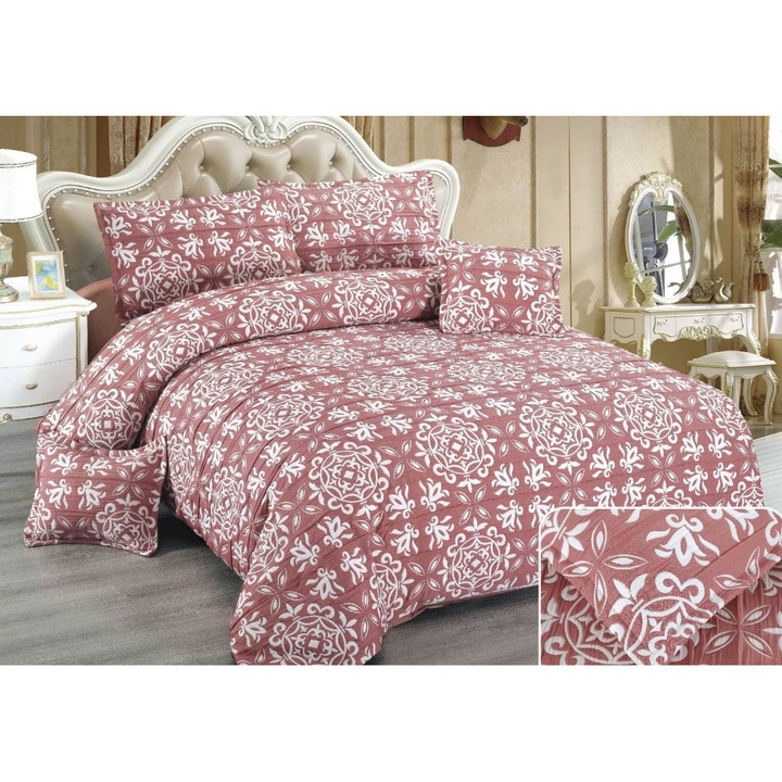 Lenjerie Pat Dublu, Bumbac Creponat Satinat, Elegant Abstract, 6 Piese, 2 Persoane, 230X250cm, Bicolor, Plamaniu-Alb