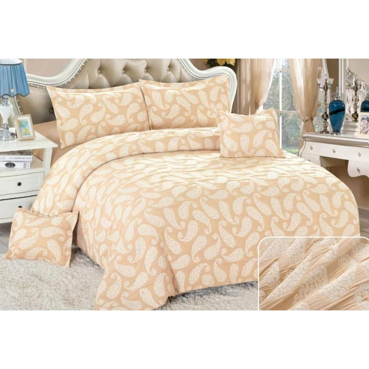 Lenjerie Pat Dublu, Bumbac Creponat Satinat, Elegant Abstract, 6 Piese, 2 Persoane, 230X250cm, Bicolor, Corai-Alb