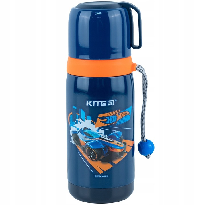 Termos metalic Kite HW24-301, 350 ml, albastru, design Hot Wheels, capac-cana cu maner textil