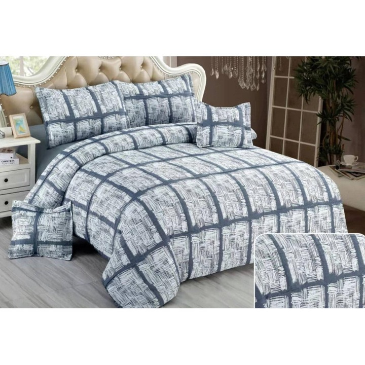 Lenjerie Pat Dublu, Bumbac Creponat Satinat, Elegant Abstract, 6 Piese, 2 Persoane, 230X250cm, Bicolor, Bleumarin-Alb