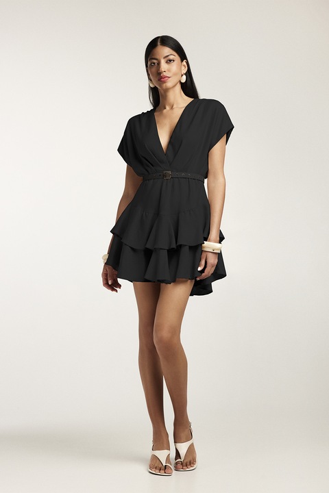 Alina Cernatescu, Rochie mini din amestec de bambus cu volane si curea, Negru