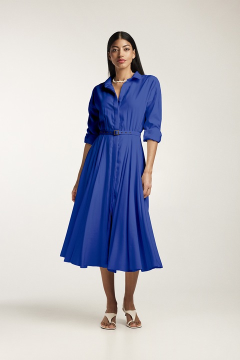 Alina Cernatescu, Rochie-camasa midi cu pliuri si o curea, Albastru royal