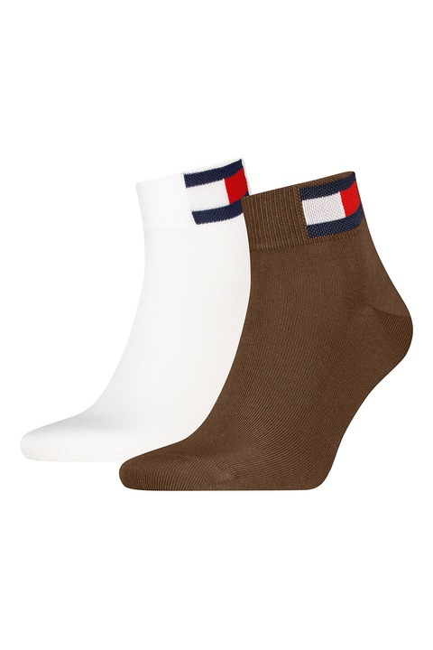 Tommy Hilfiger, Унисекс чорапи до глезена с памук - 2 чифта, Тъмнокафяв/Мръснобял