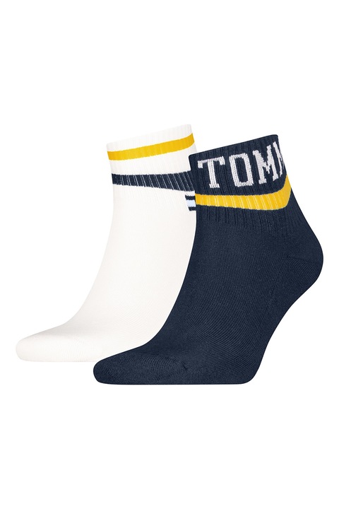Tommy Hilfiger, Set de sosete scurte unisex cu logo - 2 perechi, Albastru ultramarin/Galben sofran/Alb murdar, 35-38