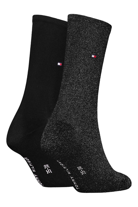 Tommy Hilfiger, Set de sosete lungi cu insertii din lurex - 2 perechi, Negru, Argintiu, 39-42
