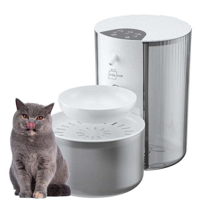 Dispenser inteligent de apa pentru pisici, Felliner, 3L, reincarcabil, autonomie 180 zile, control volum si frecventa, sistem de filtrare in mai multe etape, nivel redus de zgomot, alb