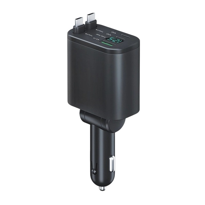 Incarcator auto, afisaj digital al tensiunii, incarcare rapida universala, retractabil 4 in 1, cablu tip C, port USB