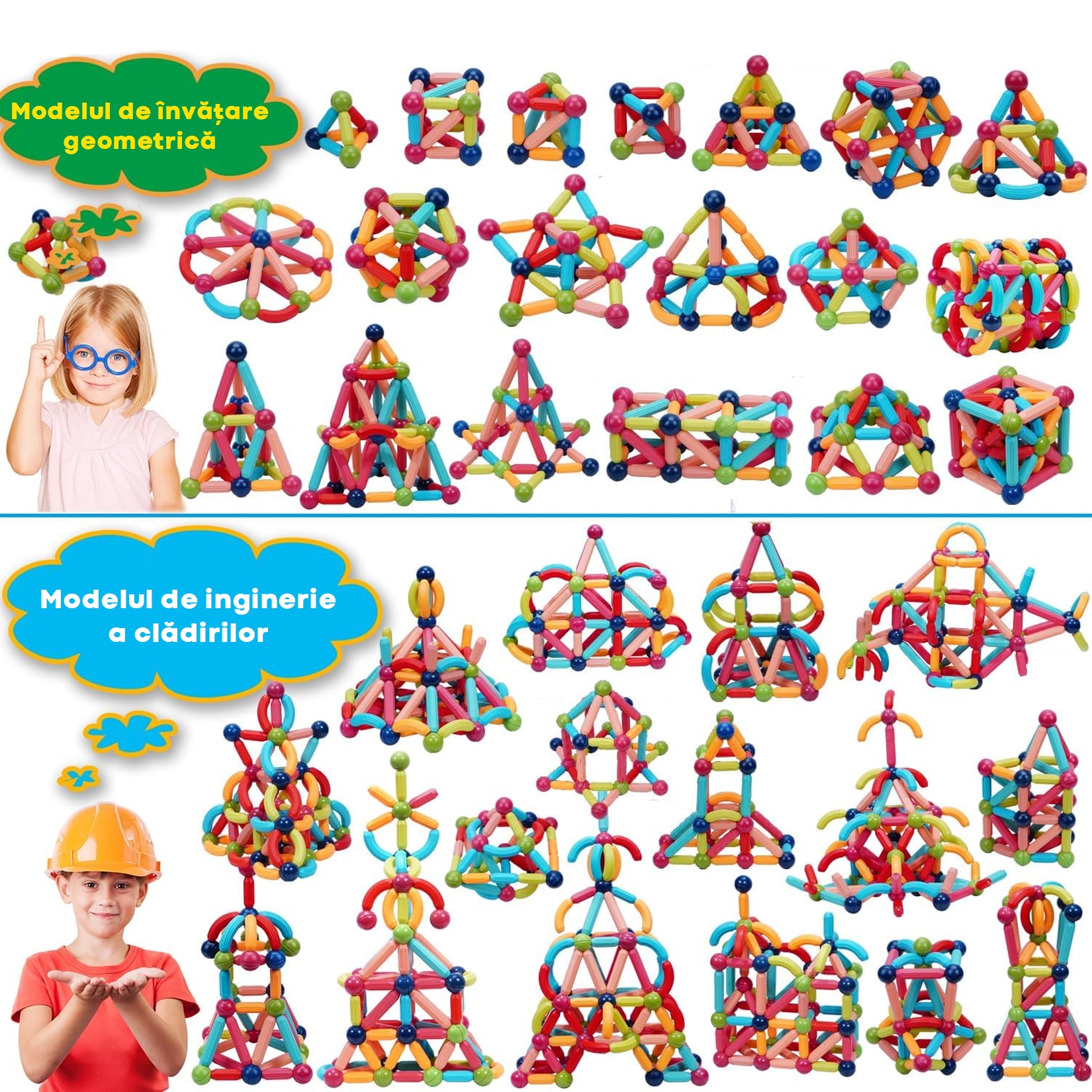 Jfyu Set jucarii magnetice pentru constructie, JFYU,136 piese, STEM, cutie ...