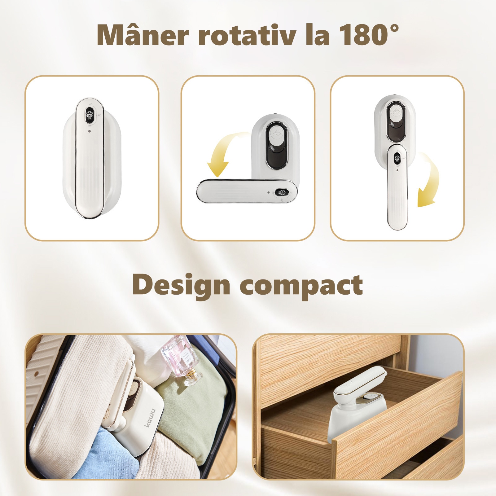 Fier de calcat portabil cu abur kawuCR-YT06A, incalzire rapida in 5 secunde, rezervor de apa de 120 ml, volum variabil de abur 20 g/min, maner rotativ la 180°, functie de calcare uscata si umeda, potrivit pentru scoala, calatorii, birou si alte ocazii