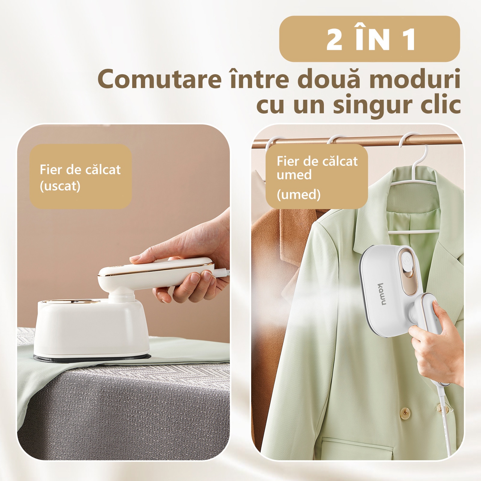 Fier de calcat portabil cu abur kawuCR-YT06A, incalzire rapida in 5 secunde, rezervor de apa de 120 ml, volum variabil de abur 20 g/min, maner rotativ la 180°, functie de calcare uscata si umeda, potrivit pentru scoala, calatorii, birou si alte ocazii