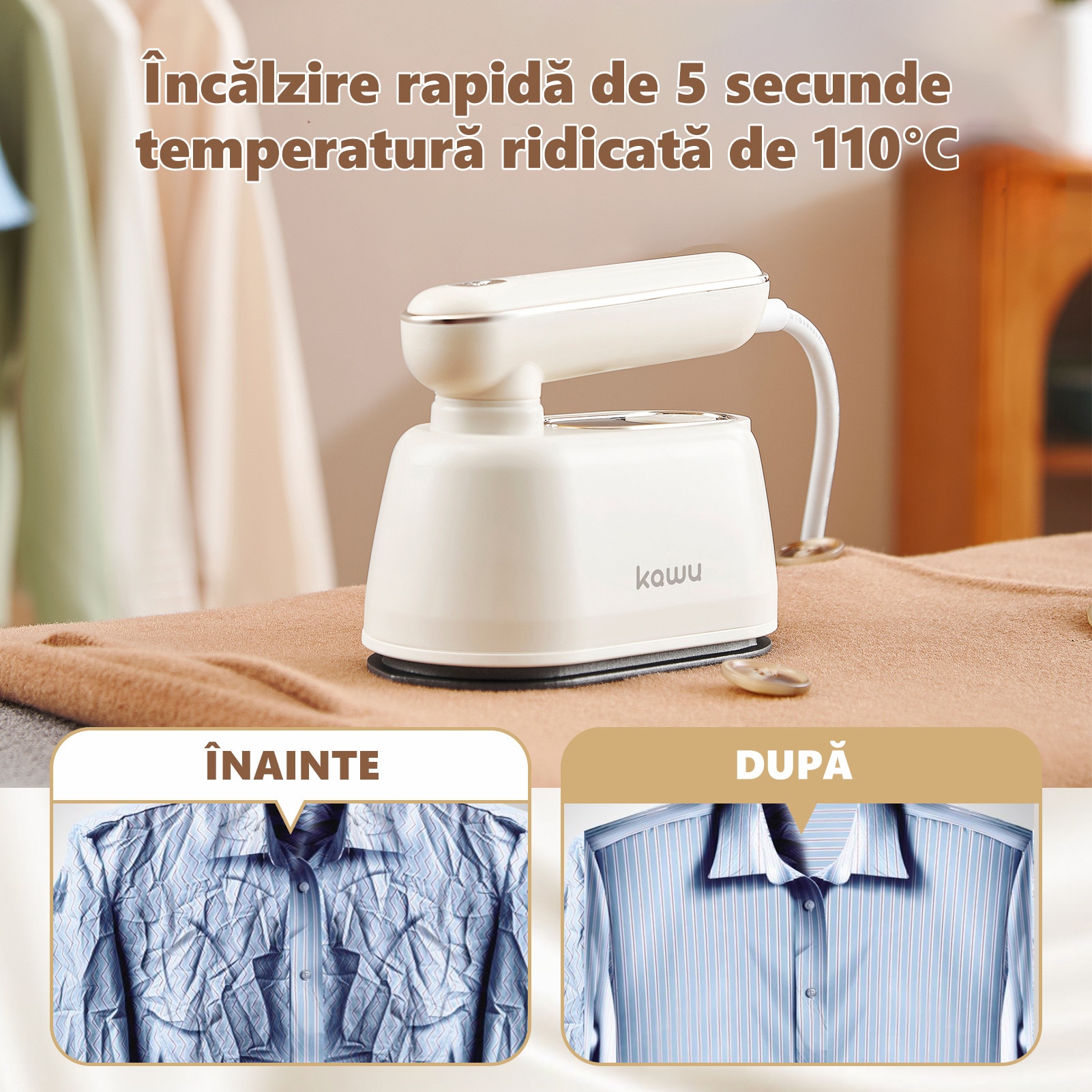 Fier de calcat portabil cu abur kawuCR-YT06A, incalzire rapida in 5 secunde, rezervor de apa de 120 ml, volum variabil de abur 20 g/min, maner rotativ la 180°, functie de calcare uscata si umeda, potrivit pentru scoala, calatorii, birou si alte ocazii