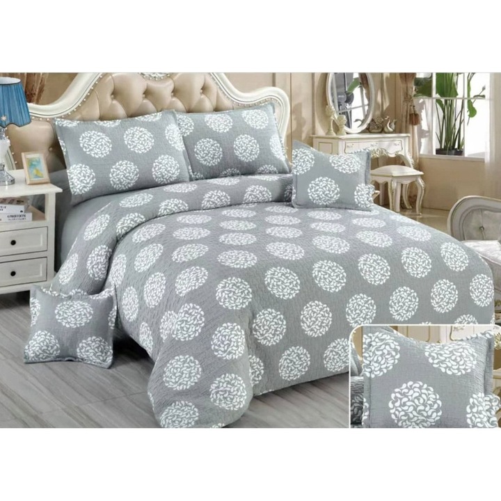 Lenjerie Pat Dublu, Bumbac Creponat Satinat, Elegant Abstract, 6 Piese, 2 Persoane, 230X250cm, Gri Deschis-Alb, Bicolor