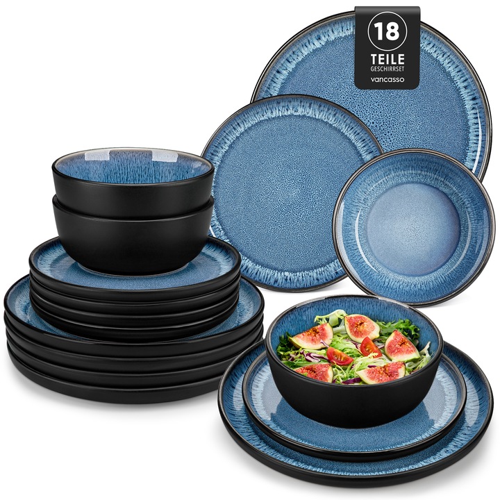 Set de vesela pentru 6 persoane, Vancasso, 18 piese, ceramica de inalta calitate, glazura reactiva, albastru inchis