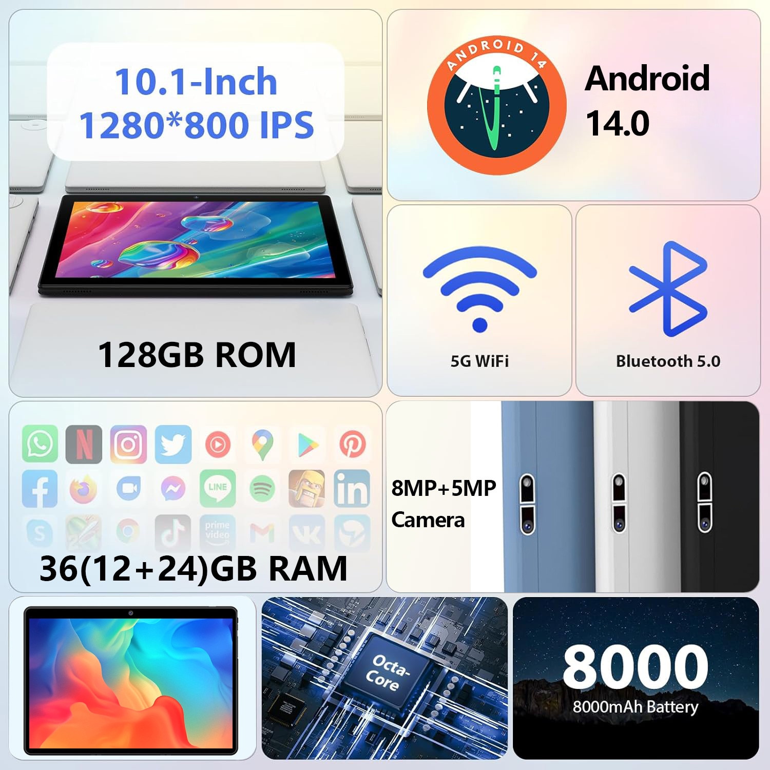 Tableta 10.1" Octa-Core, Android 14.0, 36(12+24)GB RAM, 128GB ROM, 5GHz ...
