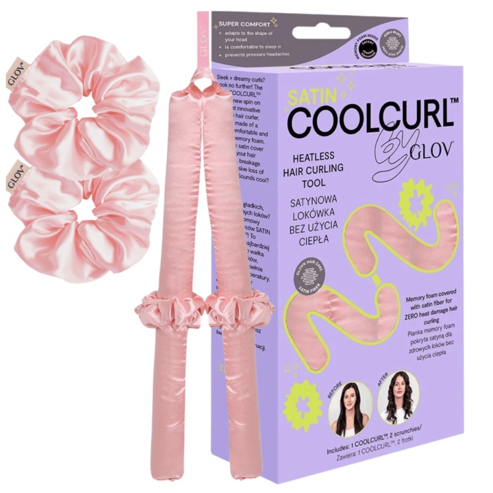 GLOV - Coolcurl PINK - set de ondulare fara caldura cu ondulator satinat si 2 elastice de par