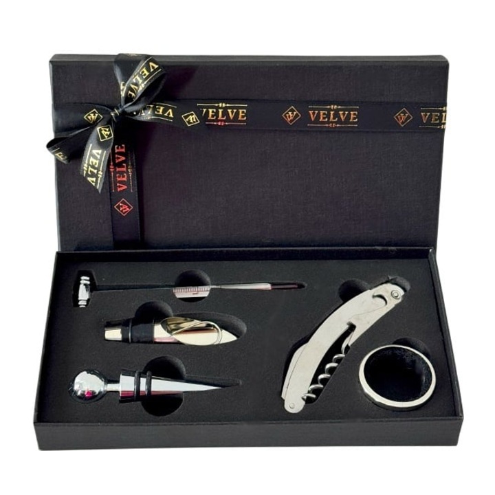 Set pentru barbati VLV cu 5 piese, tirbuson, inel, dop metalic, turnator cu dop si termometru, Velve