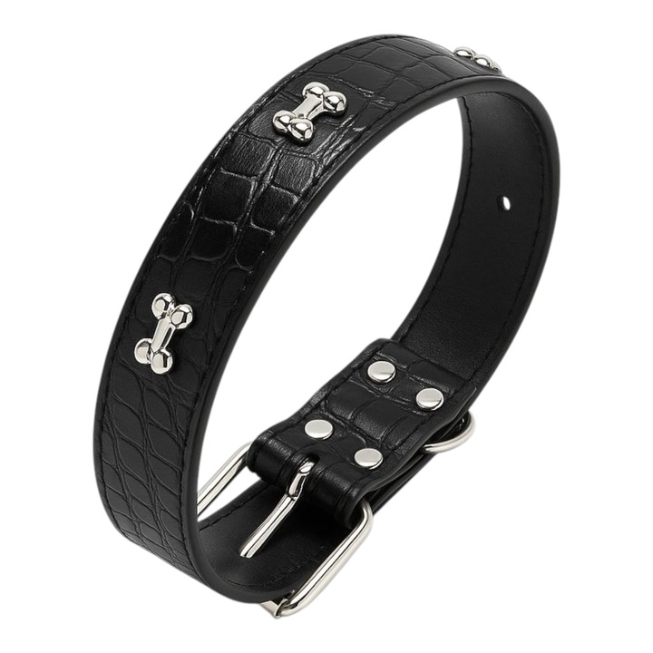 Zgarda din piele ecologica, design crocodil, accente metalice os argintiu, pentru caini talie medie/mare, 4x60 cm, reglabila, Neagra