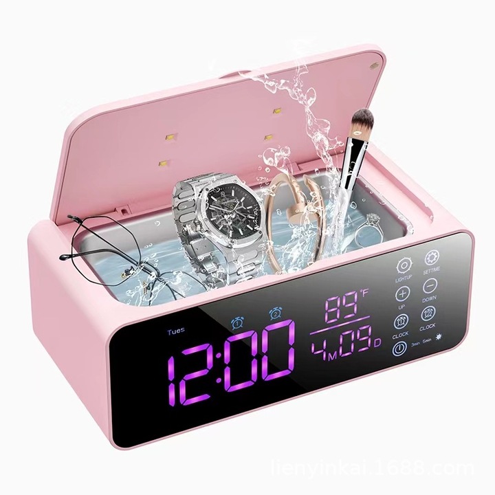 Curatator de bijuterii cu ultrasunete, ORBER, Ceas cu alarma, sterilizare UV, interior din otel inoxidabil, 500ml, pentru ochelari, bijuterii, ceasuri, jucarii pentru copii, pensule de machiaj, roz