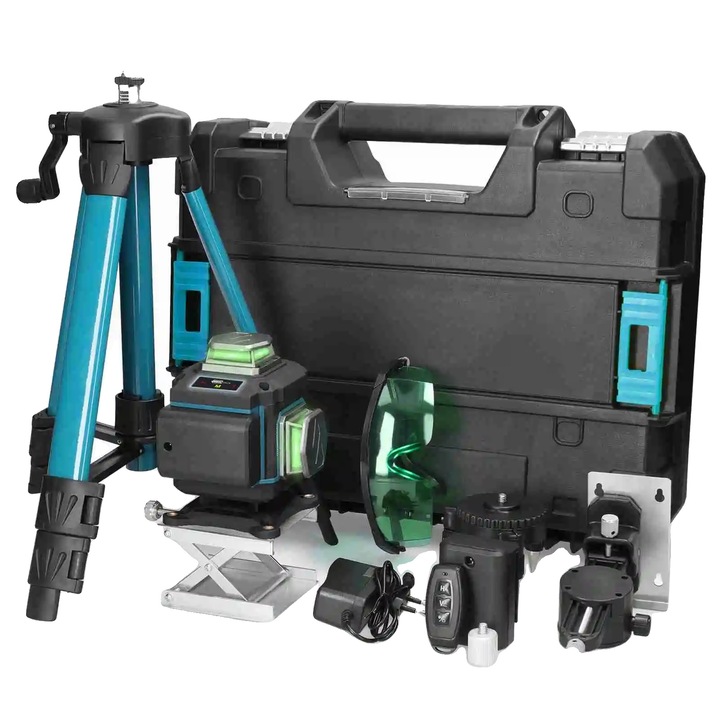 Lézeres szintező, önszintező, újratölthető akkumulátor, fekete, kompakt méretek