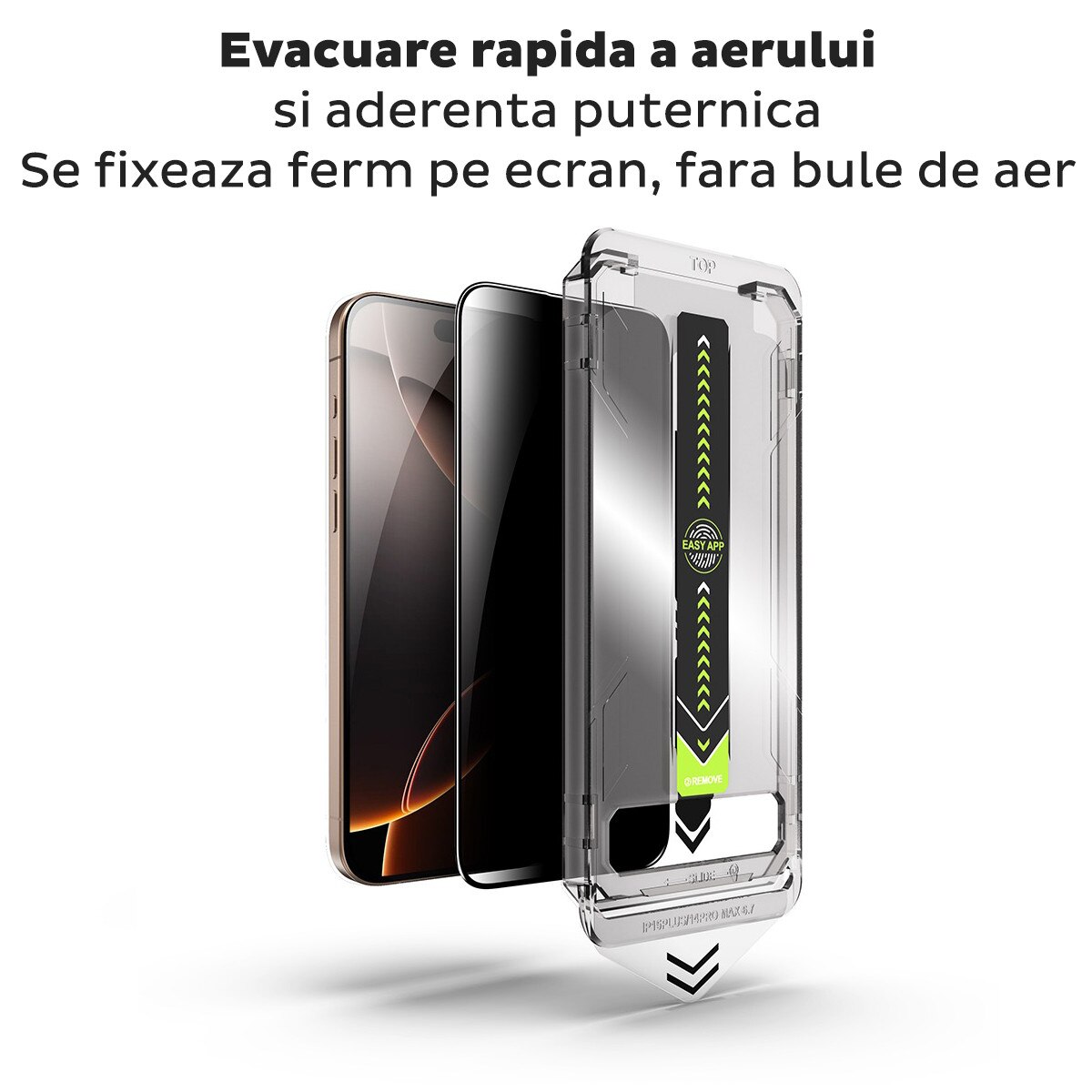 Folie Sticla Privacy pentru Apple iPhone 16 Pro Max Daden TitanGlass, Full Cover, Kit de instalare usoara si rapida cu dispozitiv de potrivire automata, Protectie Profesionala, Ultra Rezistenta