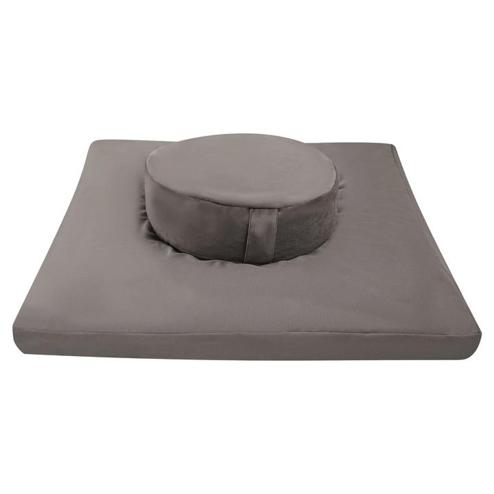 Set perne de meditatie, Perna de sezut/spatar, Catifea cu coji de hrisca si bumbac, Ergonomic, Lavabil la masina, Uscare/calcare la temperatura joasa, Gri deschis