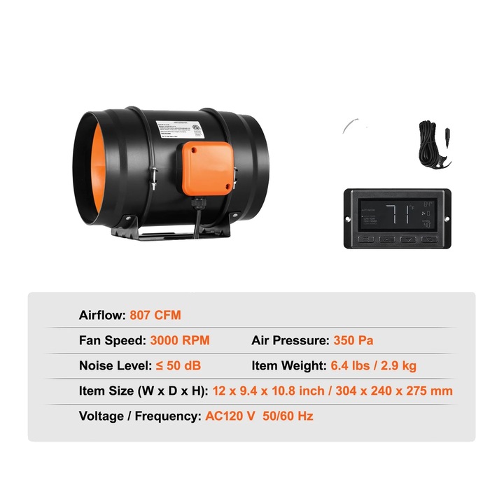 Ventilator ductabil, 8in, operare silentioasa, control inteligent, 205 CFM, 10W