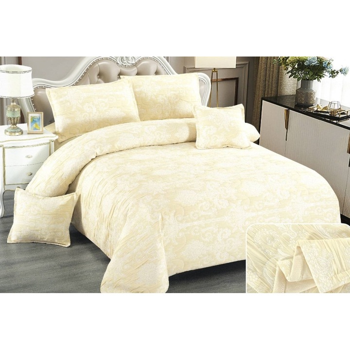 Lenjerie Pat Dublu, Bumbac Creponat Satinat, Elegant Abstract, 6 Piese, 2 Persoane, 230X250cm, Ivoire-Alb, Bicolor