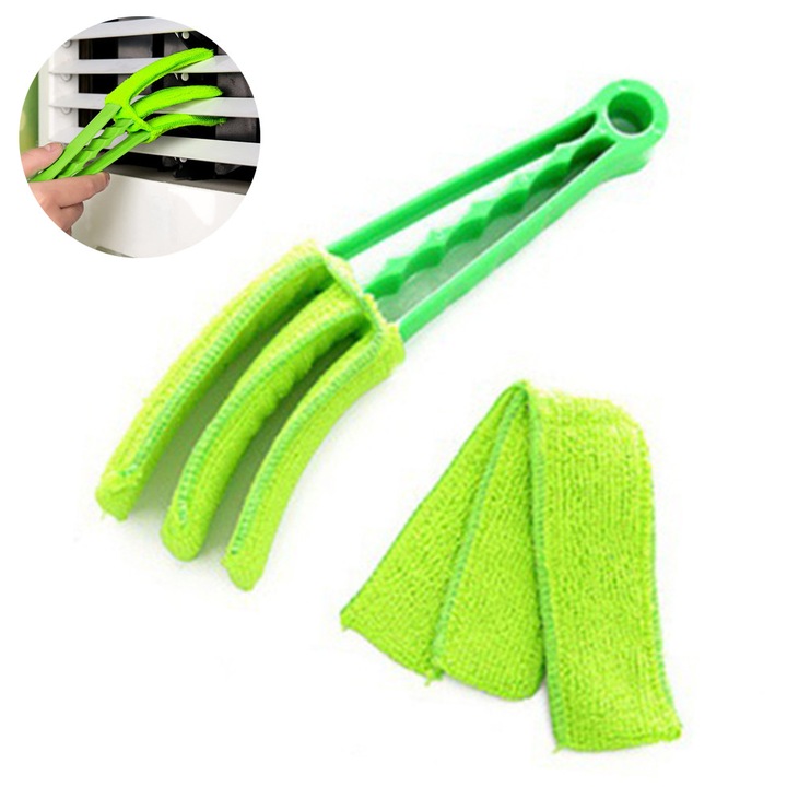 Curatator jaluzele cu cleste, husa din microfibra detasabila si lavabila, multifunctional pentru ventilatie ac, grile auto si jaluzele, verde, set 1 cleste + 1 husa