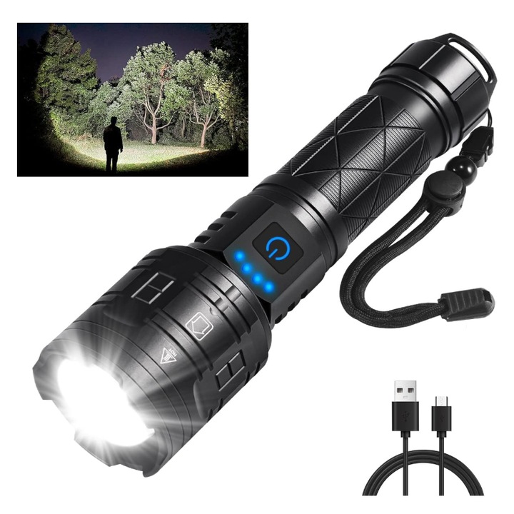 Újratölthető taktikai LED zseblámpa, 8800mAh akkumulátor, 5 üzemmód, zoom, vízálló, ultra erős, ideális kempingezéshez, túrázáshoz, felfedezéshez, állítható fókusz, fekete