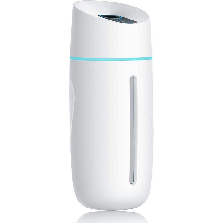 Mini USB hordozható párásító, személyes hidegködös párásító, éjszakai fény, automatikus kikapcsolás alacsony vízszintnél, 2 permetezési mód: folyamatos/szakaszos, nagyon csendes, fehér, 1 db