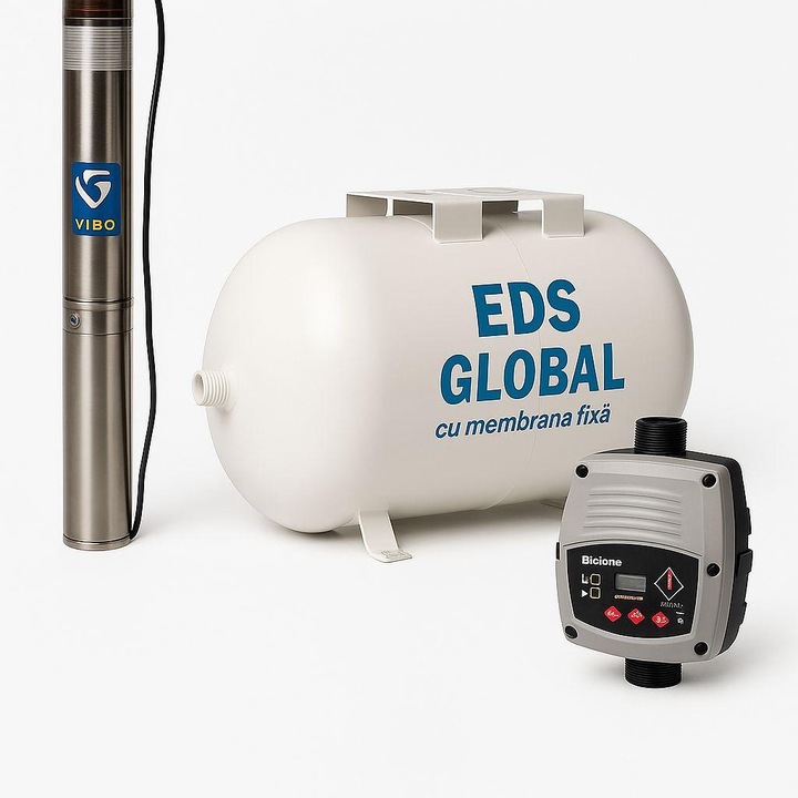 Set hidrofor cu Pompa Submersibila IBO 4 sdm 2/12, presostat Briotop cu vas 50 litri orizontal Eds Global membrana fixa