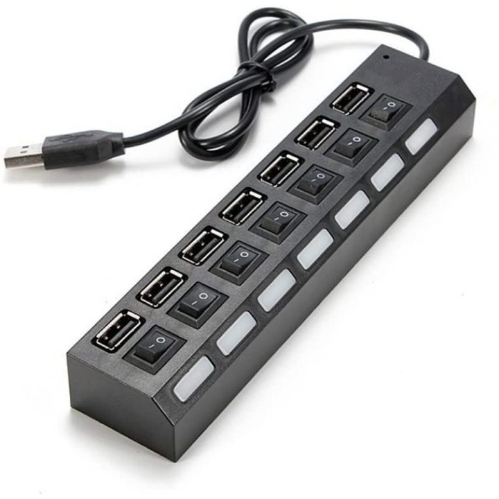 USB 2.0 elosztó 7 porttal, USB hub külön kapcsolóval és LED jelzővel, sebesség akár 480 Mbps, fekete, 1 db