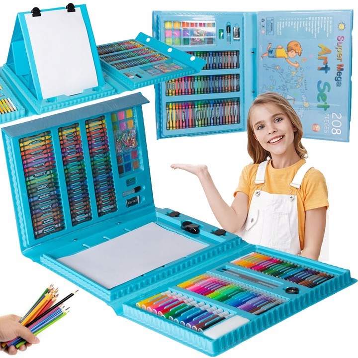 Set de desen, fara marca, 208 piese, cutie albastra, 12 culori, pentru copii peste 3 ani, diverse personaje, XXL, setul include: creioane colorate