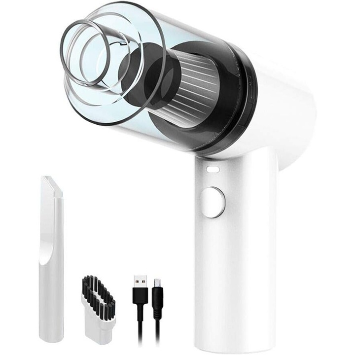 Aspirator de mana portabil mini wireless reincarcabil 2000mAh, 4500Pa putere de aspirare, filtru lavabil, Alb, 1 buc