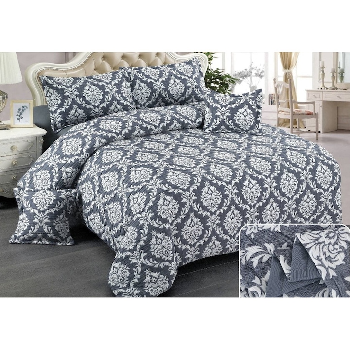 Lenjerie Pat Dublu, Bumbac Creponat Satinat, Elegant Abstract, 6 Piese, 2 Persoane, 230X250cm, Bleumarin-Alb, Bicolor