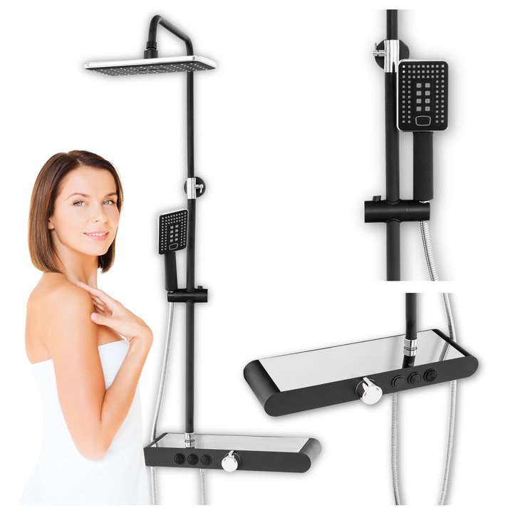 Silla Elena S-1207BC falra szerelhető zuhanygarnitúra, csúszó tartóval, fix zuhanyfejjel és kézi zuhanyfejjel, fekete/króm