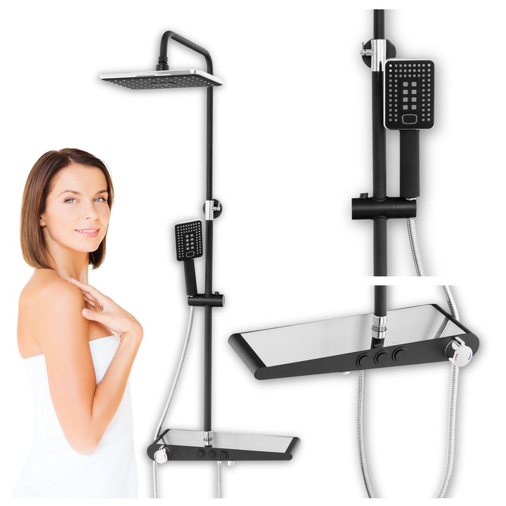 Set baterie dus Silla S-1206BC cu para rotunda, montare perete, 2 functii de curgere a apei, dus tip, negru/crom