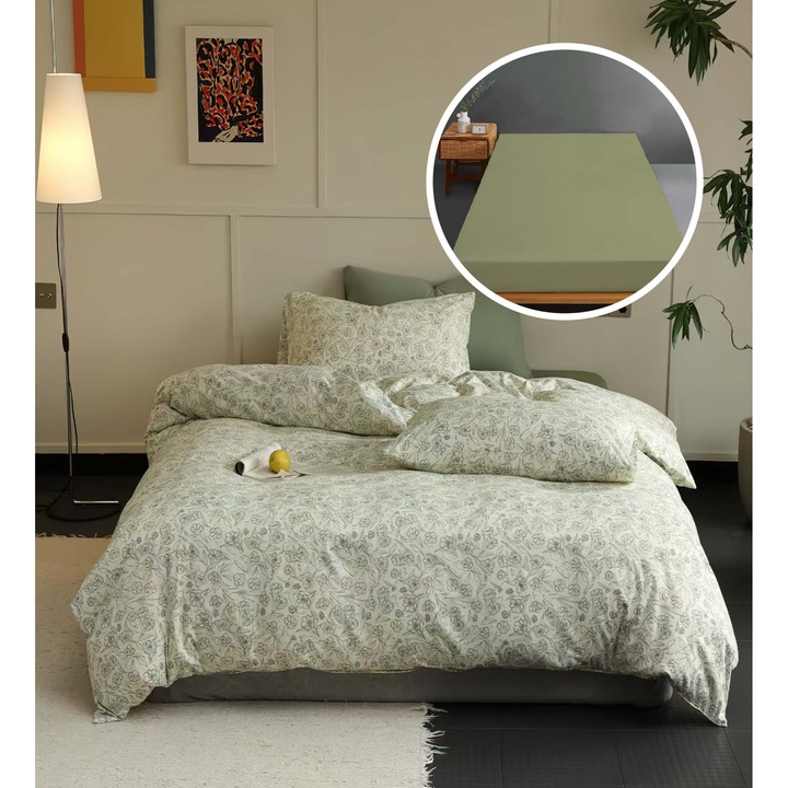 Set Lenjerie de Pat Tricot, Ralex Pucioasa, Bumbac, Verde Închis, 160/180x200cm, Pilota 200x230cm, 2 Fete Perne 50x70cm