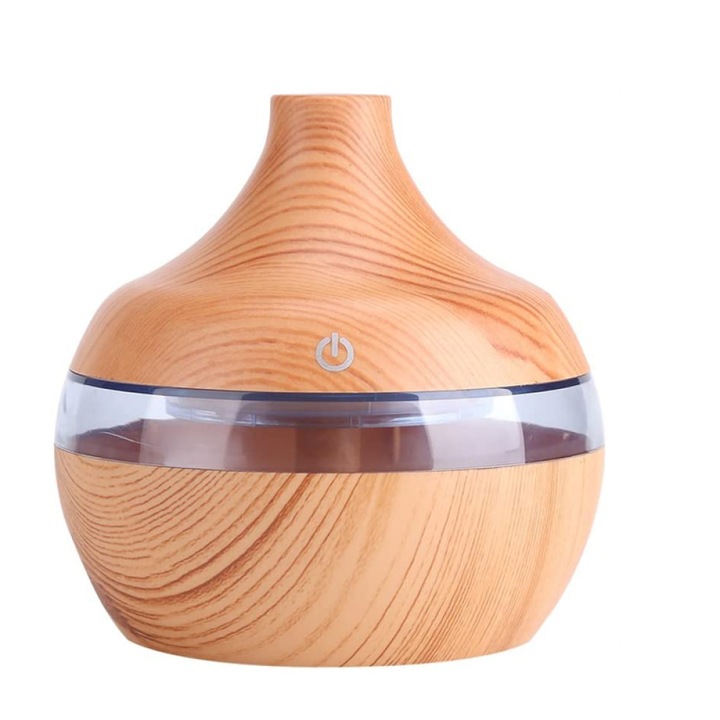 Ultrahangos párásító, aromaterápiás diffúzor illóolajokhoz, 7 állítható LED szín, automata kikapcsolás és csendes működés, fa megjelenés, 300ml