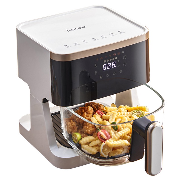 Kawu air fryer, forrólevegős sütő, SZY-ZG-5810D, 4,5 literes átlátszó üveg tapadásmentes sütőkosár, 7 intelligens mód, 24 órás időzítő funkció, érintőképernyő, 1350 W, állítható hőmérséklet
