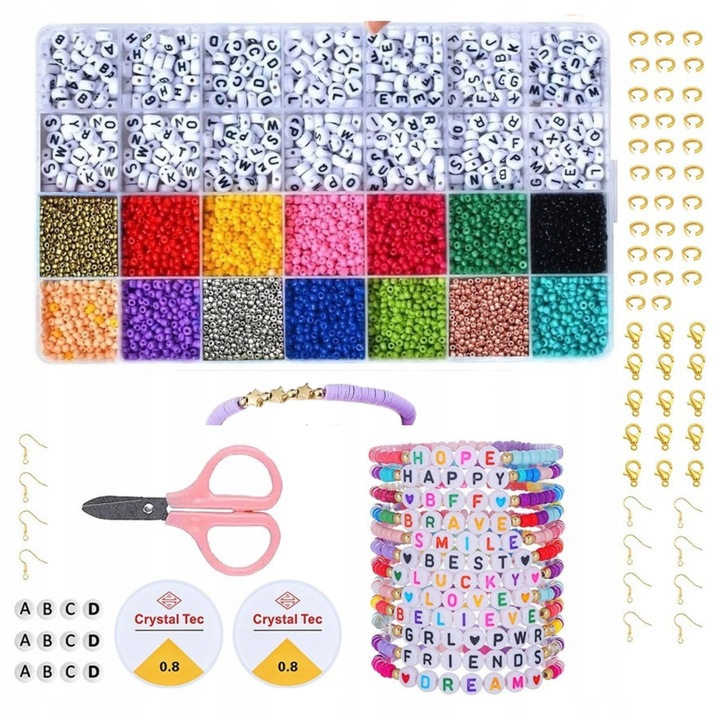 Kit pentru confectionare bratari, 4600 de margele, pentru confectionarea bijuteriilor, 10 piese, colorat, setul include: margele, fire, accesorii, material: plastic, caracteristici: creativitate, distractie, dezvoltare manuala