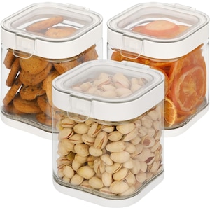 Set 3 cutii alimentare, Belle Vous, cu inchidere ermetica, 900 ml, din sticla, 10,5 x 10,5 x 12,5 cm, Transparent