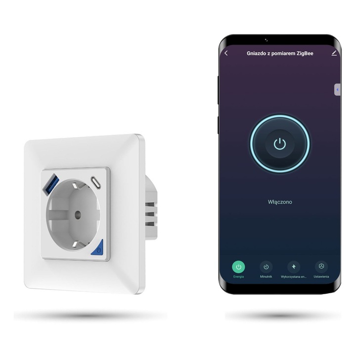 Контакт със зарядно устройство 20W, Измерване на енергия, USB-C, USB-A, Zigbee, Tuya