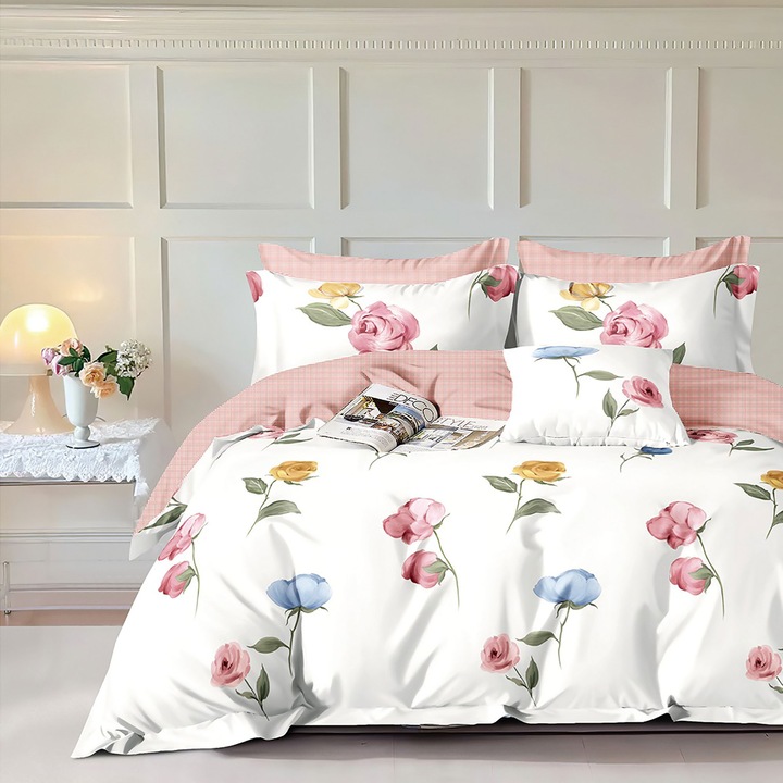 Lenjerie pat dublu Percalle imprimat Bumbac 100%, 4 piese, cearsaf pat 240x260 cm, pilota 200x230 cm, 2 fete perna 50x70 cm, Trandafiri Alb / Roz, Pucioasa PRC194