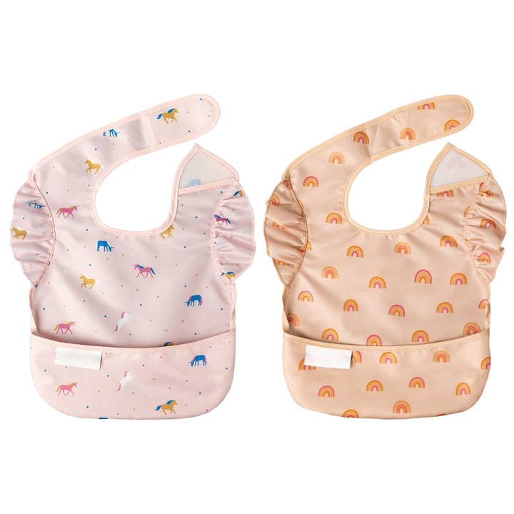 Set 2 bavete pentru bebelusi, TREXORA, model unicorn si curcubeu, materiale sigure, usor de curatat, impermeabile, 6-18 luni, multicolor
