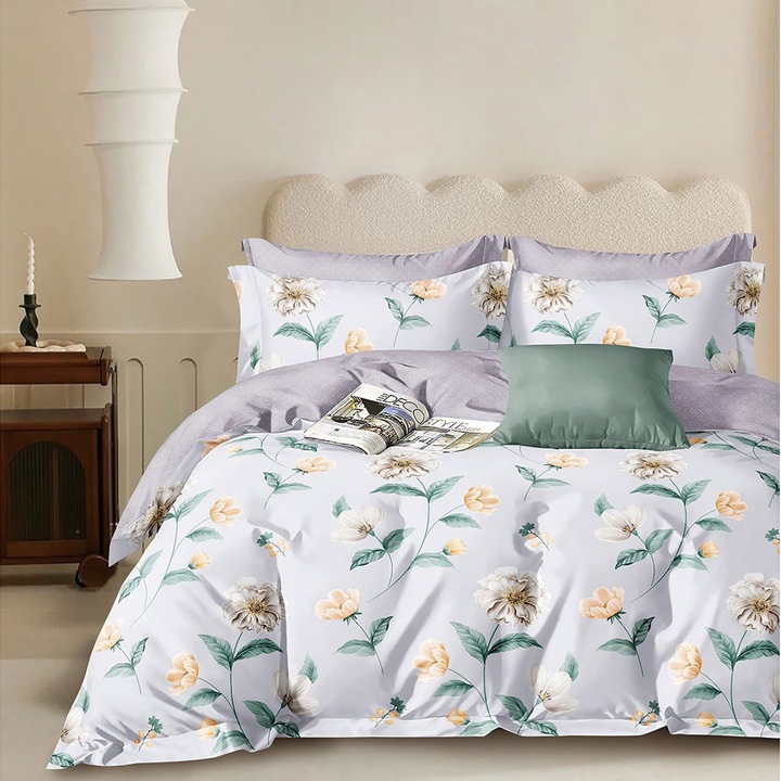 Lenjerie pat dublu Percalle imprimat Bumbac 100%, 4 piese, cearsaf pat 240x260 cm, pilota 200x230 cm, 2 fete perna 50x70 cm, Flori Albastru / Verde, Pucioasa