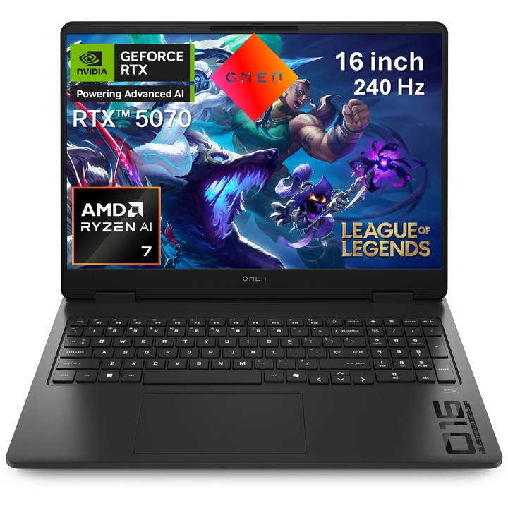 Laptop Gaming HP OMEN 16-ap0000nn cu procesor AMD Ryzen™ AI 7 350 pana la 5.0GHz, 16", WQXGA, IPS, 32GB DDR5 RAM, 1TB SSD, NVIDIA® GeForce RTX™ 5070 8GB GDDR7, Free DOS, Shadow black