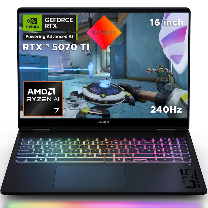 Laptop Gaming HP OMEN MAX 16-ak0008nn cu procesor AMD Ryzen™ AI 7 H 350 pana la 5.0GHz, 16", WQXGA, 240Hz, IPS, 32GB DDR5 RAM, 1TB SSD, NVIDIA® GeForce RTX™ 5070 Ti 12GB GDDR7, Free DOS, Shadow black